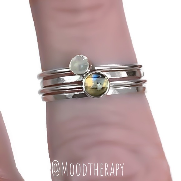 (2-13) 925 Sterling Silver Labradorite & Rainbow Moonstone Stacking Ring Set - Picture 4 of 9